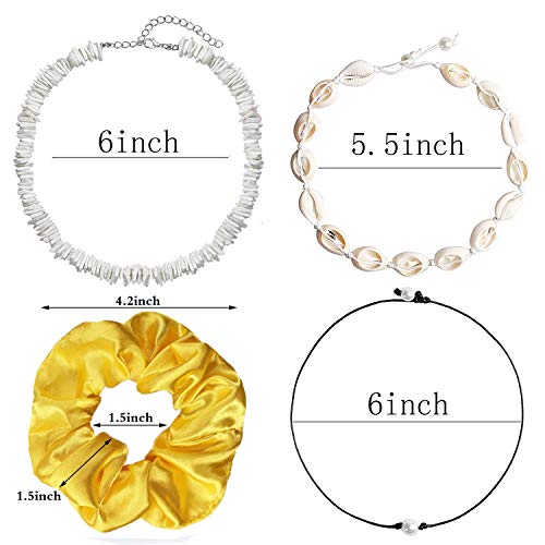53 pcs Scrunchies de Satén para Cabello set,50 pcs coleteros scrunchies Tela Lazos y 2 pcs collar de conchas surfero 1 pcs Collar de Perla Mujer para el Cabello Ponytail Holder Headbands para Mujeres