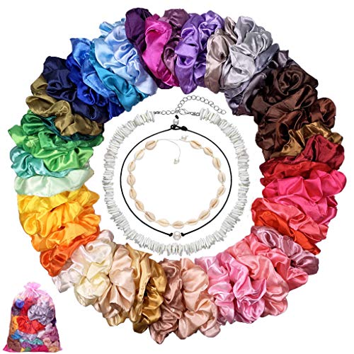 53 pcs Scrunchies de Satén para Cabello set,50 pcs coleteros scrunchies Tela Lazos y 2 pcs collar de conchas surfero 1 pcs Collar de Perla Mujer para el Cabello Ponytail Holder Headbands para Mujeres