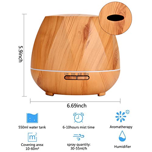 550ML Humidificador Ultrasónico con Mando a Distancia, Difusor de Aceites Esenciales Aromaterapia, 7-Color LED, 4 Temporizador, Apagado Automático y Ultra Silencioso para Bebé Oficina Dormitorio Hogar
