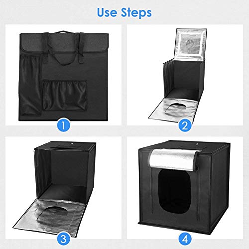 60cm Caja de Luz Fotografia Brillo Ajustable - amzdeal Photo Studio Portátil Plegable LED Fijación de la Luz del día Fijación Pegar, 3 Ventanas de Disparo, 4 Fondos (Azul, Blanco, Negro, Naranja)