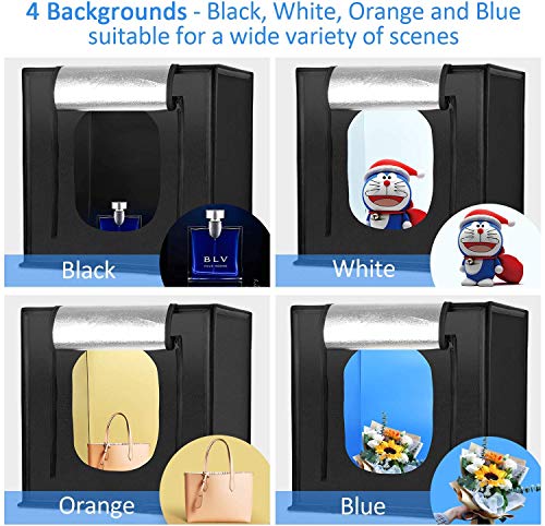 60cm Caja de Luz Fotografia Brillo Ajustable - amzdeal Photo Studio Portátil Plegable LED Fijación de la Luz del día Fijación Pegar, 3 Ventanas de Disparo, 4 Fondos (Azul, Blanco, Negro, Naranja)