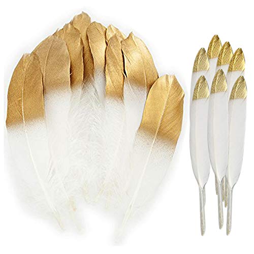 60PCS Plumas blancas naturales con punta empapada en oro,artesanía natural Plumas de ganso para disfraces, bolsos, decoración de aretes, atrapasueños bricolaje, decoraciones para fiestas en el hogar