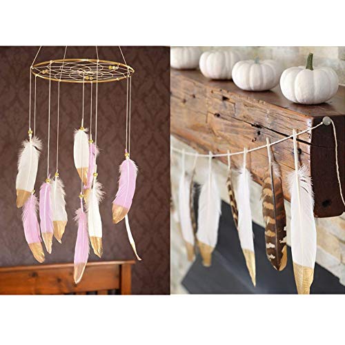 60PCS Plumas blancas naturales con punta empapada en oro,artesanía natural Plumas de ganso para disfraces, bolsos, decoración de aretes, atrapasueños bricolaje, decoraciones para fiestas en el hogar