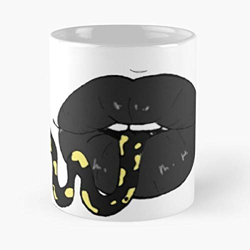 92Novafashion Yellow Art Shiny Snake Spooky Lips Ink Black Tatto La Mejor Taza de café de cerámica Blanca de 11 oz