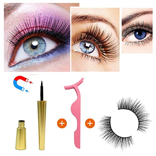 99AMZ 3D Magneticas Pestañas postizas Naturales Reutilizables Maquillaje Extensiones de Pestañas Postizas Natural Curl Blando Eyeliner Delineador liquido Kit Pestañas + Pinzas Impermeable Negro (A)