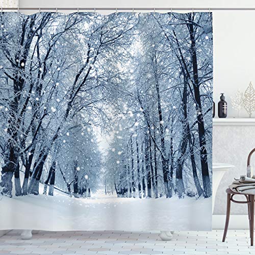ABAKUHAUS Bosque Cortina de Baño, La Vida Silvestre de los árboles Nevado, Material Resistente al Agua Durable Estampa Digital, 175 x 200 cm, Blanco Gris Negro