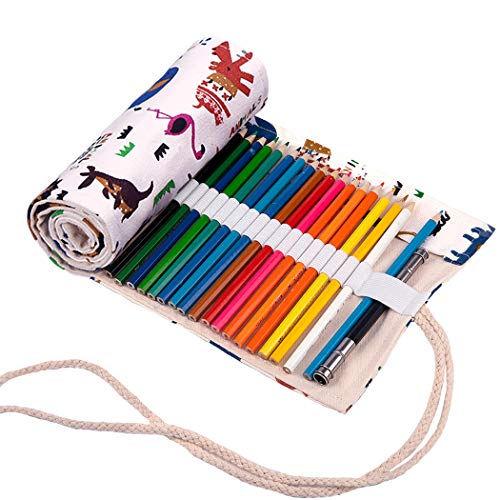 Abaría - Bolso para lápices, Estuche Enrollable para 48 lapices Colores, portalápices de Lona, Bolsa Organizador lápices para Infantil Adulto, patrón Animal 48