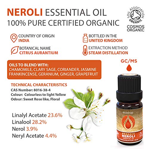 Aceite esencial de neroli con el certificado ecológico COSMOS, 100% puro y grado terapéutico para aromaterapia, con libro electrónico de regalo, 10 ml (Citrus aurantium)
