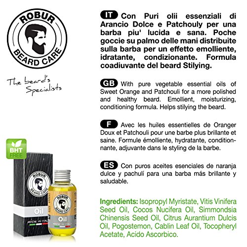 Aceite para barba con puros aceites esenciales. Efecto desenredante , emoliente, hidratante, acondicionado. 100 ml. Made in Italy.