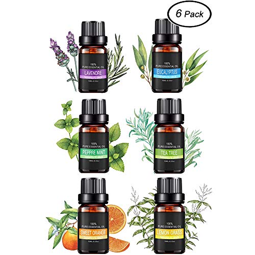 Aceites Esenciales, AIDUE Top 6 Set de Regalo de Aceites de Aromaterapia 100% Natural Puro, 10 ml - Lavanda, Eucalipto, Árbol de Té, Menta, Hierba de Limón, Naranja