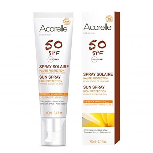 Acorelle - Spray Solar FPS 50 - Sin Perfume - Protección UV natural para la piel sensible - Para niños a partir de 3 años - Resistente al agua - Sin zinc y filtros químicos - Para rostro y cuerpo
