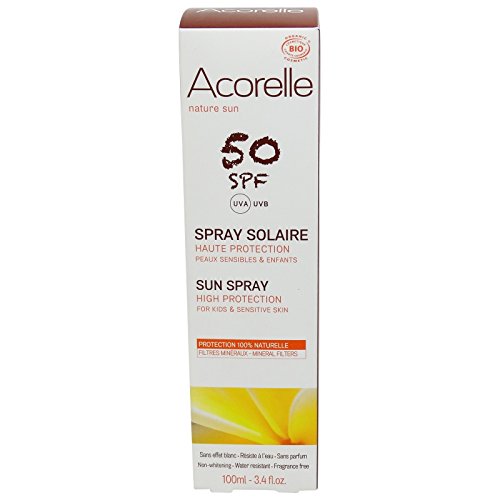Acorelle - Spray Solar FPS 50 - Sin Perfume - Protección UV natural para la piel sensible - Para niños a partir de 3 años - Resistente al agua - Sin zinc y filtros químicos - Para rostro y cuerpo