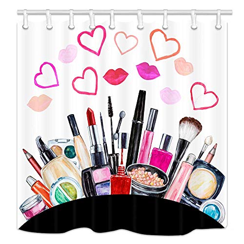 AdaCrazy Cortina Ducha Maquillaje Adolescente Labios en Forma corazón Maquillaje Acuarela lápiz Labial Perfume Moda Mujer Cortina Ducha grillete Cortina baño 71x71 Pulgadas Tela poliéster