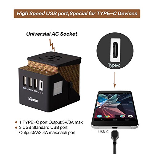 Adaptador de viaje, Milool Cargador 3 Puertos USB Y Tipo-C , Adaptador Enchufe Viaje Universal ransferencia de Datos de Hasta 10 Gbit/s para EU, USA, AU, CN, AUS y más de 150 países-(Marrón)