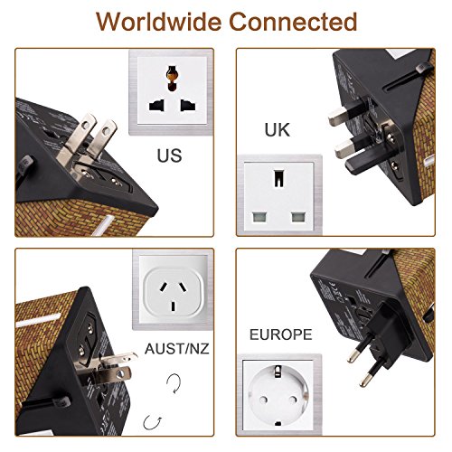 Adaptador de viaje, Milool Cargador 3 Puertos USB Y Tipo-C , Adaptador Enchufe Viaje Universal ransferencia de Datos de Hasta 10 Gbit/s para EU, USA, AU, CN, AUS y más de 150 países-(Marrón)