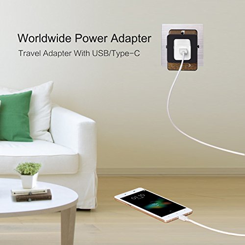 Adaptador de viaje, Milool Cargador 3 Puertos USB Y Tipo-C , Adaptador Enchufe Viaje Universal ransferencia de Datos de Hasta 10 Gbit/s para EU, USA, AU, CN, AUS y más de 150 países-(Marrón)