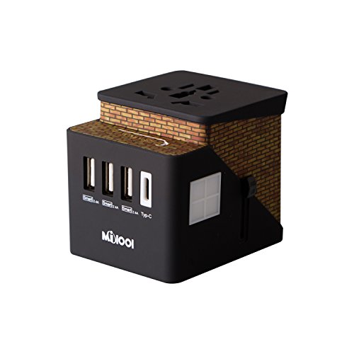 Adaptador de viaje, Milool Cargador 3 Puertos USB Y Tipo-C , Adaptador Enchufe Viaje Universal ransferencia de Datos de Hasta 10 Gbit/s para EU, USA, AU, CN, AUS y más de 150 países-(Marrón)