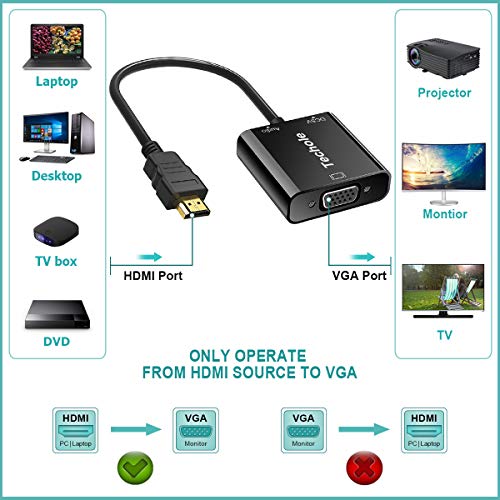Adaptador HDMI a VGA, Techole HDMI a VGA (Macho a Hembra) 1080P Convertidor con Audio y Mirco USB Cable de Carga para PC, Portátiles, HDTV Proyectores, PS4/3 XBOX y Otros Dispositivos HDMI