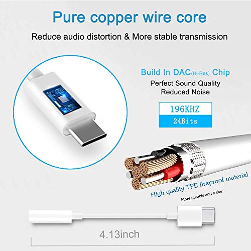 Adaptador USB C a 3.5 mm Cable USB C Type C a 3.5 mm Audio Auxiliar Digital para Auriculares Pixel 2/2XL/3/3XL,Pad Pro,HTC U11,Essential PH-1,Huawei P20.[Soporte de Llamadas y Control de Volumen]