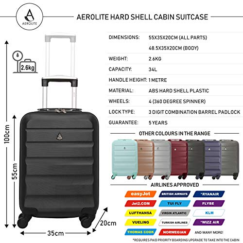 Aerolite ABS Maleta Equipaje de Mano Cabina rígida Ligera con 4 Ruedas, 55cm (Negro)