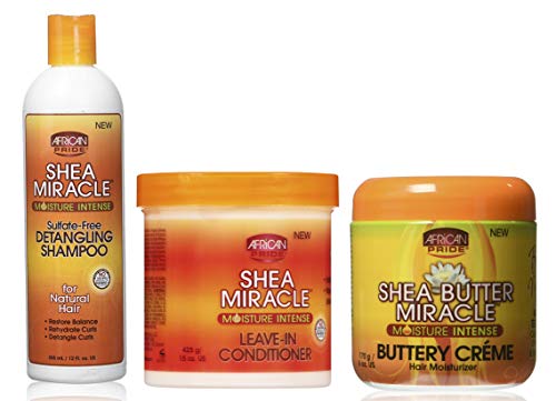 African Pride Shea Miracle - 3SET COMBO | Champú de manteca de karité ideal para desenredar de 355 ml | Acondicionador sin enjuague de 425 g | Crema hidratante para cabello con manteca de 170 g