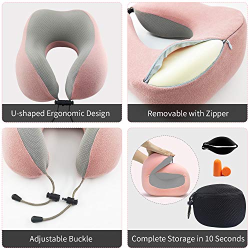 AGAKY Almohada de Viaje Almohada Cuello Espuma Memoria Sueño Suave-Tela Terapia magnética - Funda Terciopelo extraíble y Lavable- Máscara Dormir, 2 Tapones para los oídos y Bolsa de Viaje (Rosa)