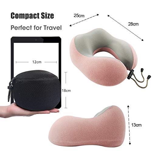 AGAKY Almohada de Viaje Almohada Cuello Espuma Memoria Sueño Suave-Tela Terapia magnética - Funda Terciopelo extraíble y Lavable- Máscara Dormir, 2 Tapones para los oídos y Bolsa de Viaje (Rosa)