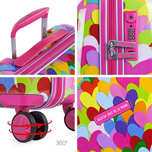 AGATHA RUIZ DE LA PRADA - Juego de Maletas de Viaje Rígidas 4 Ruedas Trolley Policarbonato Estampado Corazones. Cómodas y Ligeras. Mediana y Pequeña 55x40x20. Calidad Diseño y Marca 1311, Color Fucsia