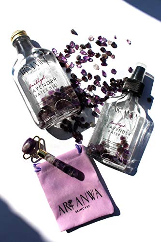 Agua de lavanda en espray Bio con cristales de amatista auténticos – Agua de rosal real en botellas de cristal – Spray facial de lavanda tóner, agua de flores orgánica contra la piel impura.