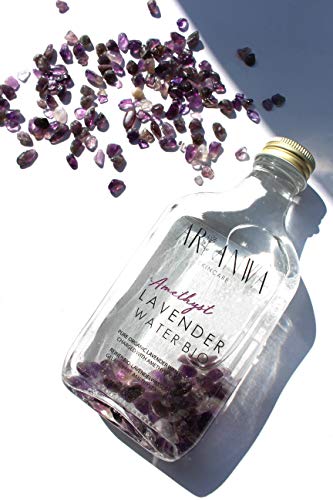Agua de lavanda en espray Bio con cristales de amatista auténticos – Agua de rosal real en botellas de cristal – Spray facial de lavanda tóner, agua de flores orgánica contra la piel impura.