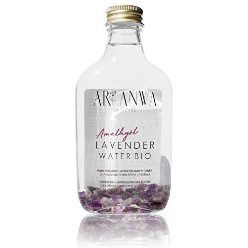 Agua de lavanda en espray Bio con cristales de amatista auténticos – Agua de rosal real en botellas de cristal – Spray facial de lavanda tóner, agua de flores orgánica contra la piel impura.