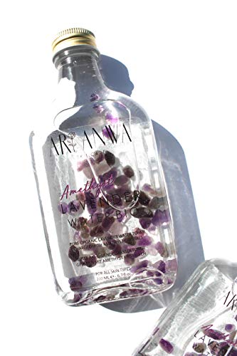 Agua de lavanda en espray Bio con cristales de amatista auténticos – Agua de rosal real en botellas de cristal – Spray facial de lavanda tóner, agua de flores orgánica contra la piel impura.