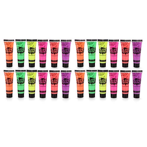 Aibecy 24 tubos 10ml / 0.34oz Art Body Paint Glow en luz UV Pintura facial y corporal con 6 colores Glow Blacklight Neon Fluorescente para fiesta Clubbing Festival Maquillaje de Halloween