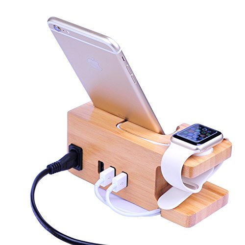 AICase Estación de Carga USB de Madera de bambú, Cargador de Escritorio, 3 Puertos USB 3.0 Hub, para iPhone 7/7Plus/6S/6/Plus/5s y Apple Watch de 38 mm/42 mm,Samsung y la mayoría de los Smartphones