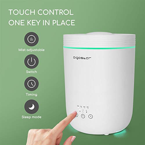 Aigostar Misty-2,2L Humidificador de aire Ultrasónico,Difusor de aceites esenciales para Bebés,temporizador 8 horas,Modo Reposo y apagado Automático,2 niveles nebulización, iluminación LED 7 colores