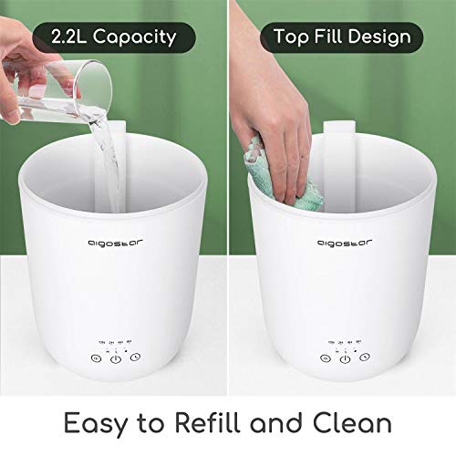 Aigostar Misty-2,2L Humidificador de aire Ultrasónico,Difusor de aceites esenciales para Bebés,temporizador 8 horas,Modo Reposo y apagado Automático,2 niveles nebulización, iluminación LED 7 colores