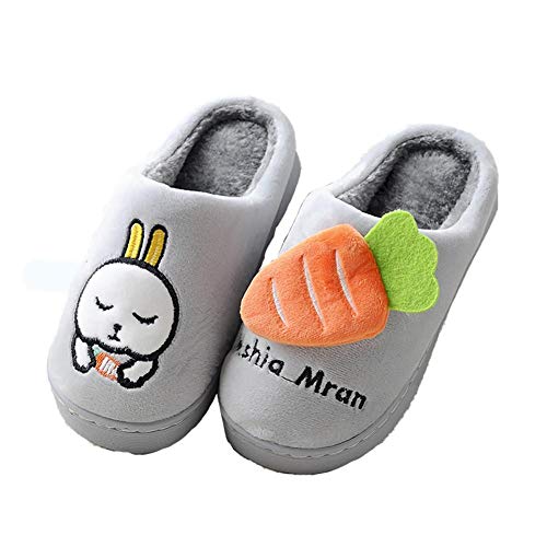 Aimfor 1Par Zapatillas De Algodón De Dibujos Animados Pequeños Conejito Blanco Zanahoria Niños Antideslizantes Espuma De Memoria Casa Zapatos Apto para Mirar Televisión, Jugar con Familia Gris 22-23