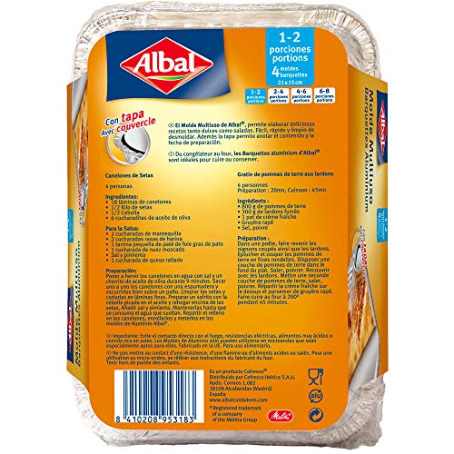 Albal Aluminio 21x15x4 Centímetros con Tapa | Desechables | Multiusos para Asar, Congelar y Conservar | 1-2 Porciones | 4 Moldes