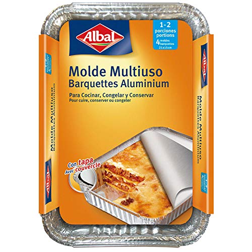 Albal Aluminio 21x15x4 Centímetros con Tapa | Desechables | Multiusos para Asar, Congelar y Conservar | 1-2 Porciones | 4 Moldes