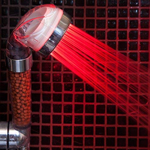 Alcachofa de ducha LED con 3 colores. Cabezal de ducha led con filtro iónico y ducha alta presión. Ducha luz led con colores, según temperatura del agua. Ideal para cuidado de piel y cabello.