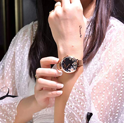 ALCENTIS - Reloj de pulsera para mujer con esfera milanesa de oro rosa, fondo de pintura de flores, reloj de cuarzo con pantalla analógica