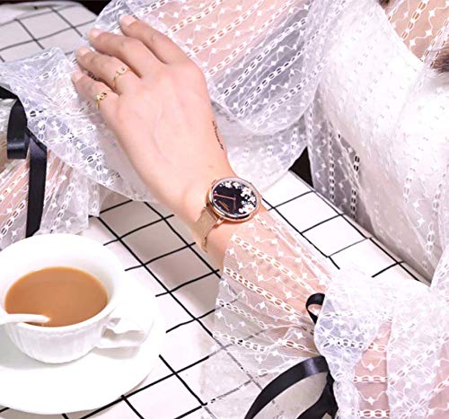 ALCENTIS - Reloj de pulsera para mujer con esfera milanesa de oro rosa, fondo de pintura de flores, reloj de cuarzo con pantalla analógica