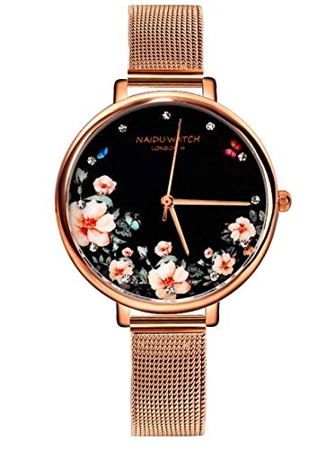 ALCENTIS - Reloj de pulsera para mujer con esfera milanesa de oro rosa, fondo de pintura de flores, reloj de cuarzo con pantalla analógica