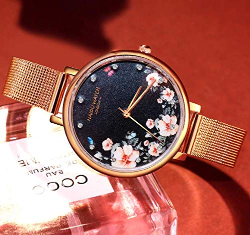 ALCENTIS - Reloj de pulsera para mujer con esfera milanesa de oro rosa, fondo de pintura de flores, reloj de cuarzo con pantalla analógica