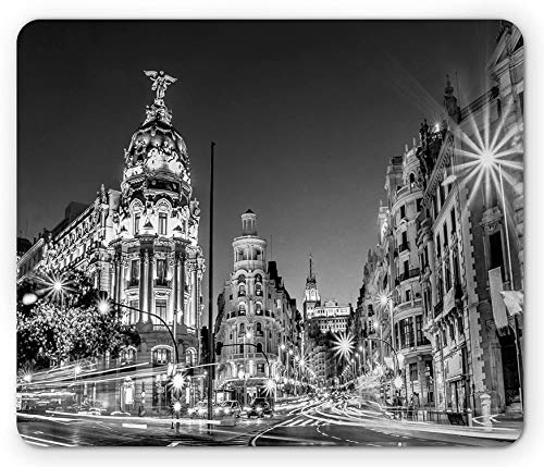Alfombrilla de ratón en Blanco y Negro, Ciudad de Madrid en la Noche en España Arquitectura de la Calle Principal, Alfombrilla de Goma Rectangular Antideslizante Gris Negro - 10.3X 8.3 Inch