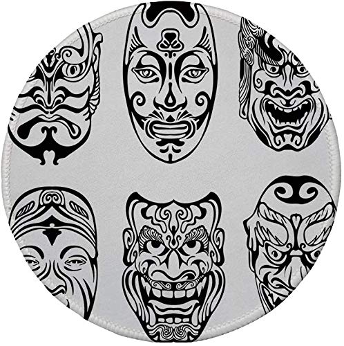 Alfombrilla de ratón Redonda de Goma Antideslizante decoración de máscara Kabuki máscaras teatrales japonesas Nogaku Emoción Expresión Cultura Decorativa Blanco y Negro 7.9"x7.9"x3MM