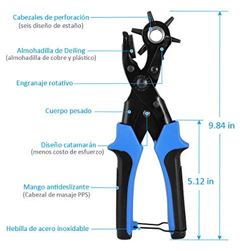 Alicate Sacabocados para Cinturones y Cuero, [Juego Completo] Diyife Agujero Perforadora Punzón de Cinturón, Herramienta de Alicate para Trabajo Pesado Múltiple Tamaño para Tarjeta, Goma, (Azul)