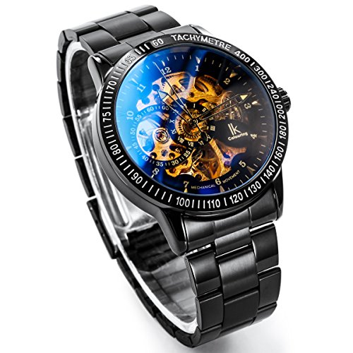 Alienwork IK Reloj Mecánico Automático Relojes Automáticos Hombre Mujer Acero Inoxidable Negro Analógicos Unisex Impermeable Esqueleto