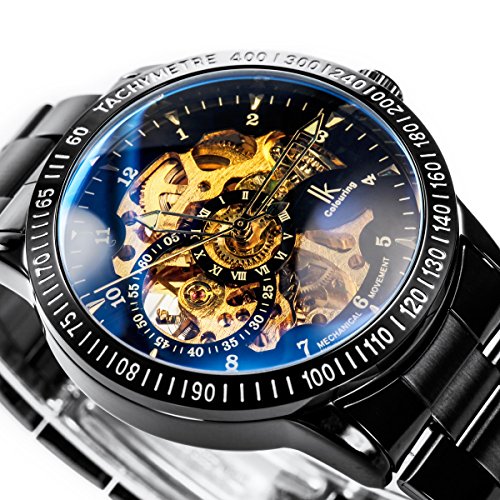 Alienwork IK Reloj Mecánico Automático Relojes Automáticos Hombre Mujer Acero Inoxidable Negro Analógicos Unisex Impermeable Esqueleto