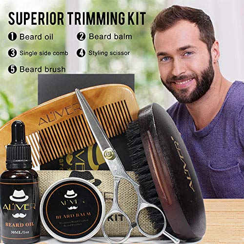 ALIVER Kit de cuidado de la barba para hombres Set para el cuidado de la barba con aceite para barba, cera de bálsamo para barba bigote, brocha para barba, peine para barba.